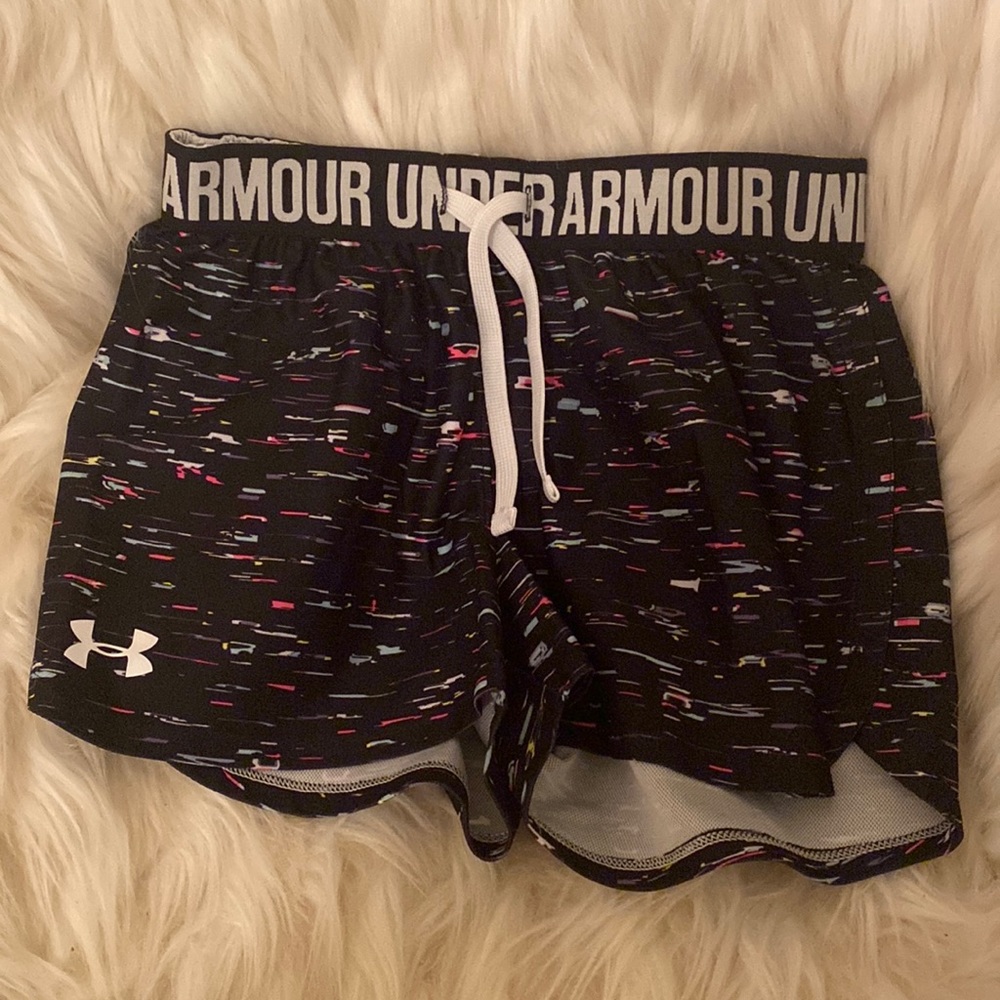 Under Armour girls athletic shorts. Black with multicolor  details.